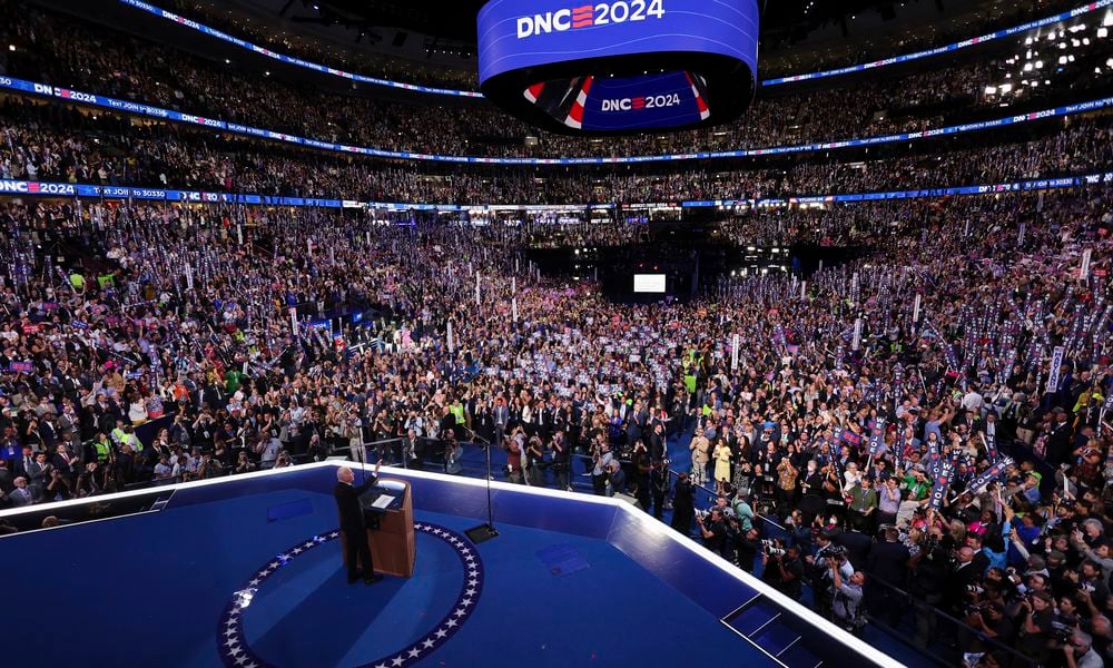 President Joe Biden waves to the crowd during the Democratic National Convention, Monday, Aug. 19, 2024, in Chicago. (Mike Segar/Pool Photo via AP)