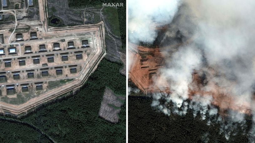 This combo picture shows two satellite images of an ammunition depot in Toropets, Russia, on Saturday Sept. 7, 2024, left, and the same ammunition depot in the aftermath of a large series of explosion, on Wednesday, Sept, 18, 2024, right. Ukrainian drones struck a large military depot in a town deep inside Russia overnight, causing a huge fire and forcing some residents to evacuate, a Ukrainian official and Russian news reports said Wednesday, Sept, 18. 2024. At least 13 people were injured, Russia's Health Ministry added. (Satellite image ©2023 Maxar Technologies via AP)