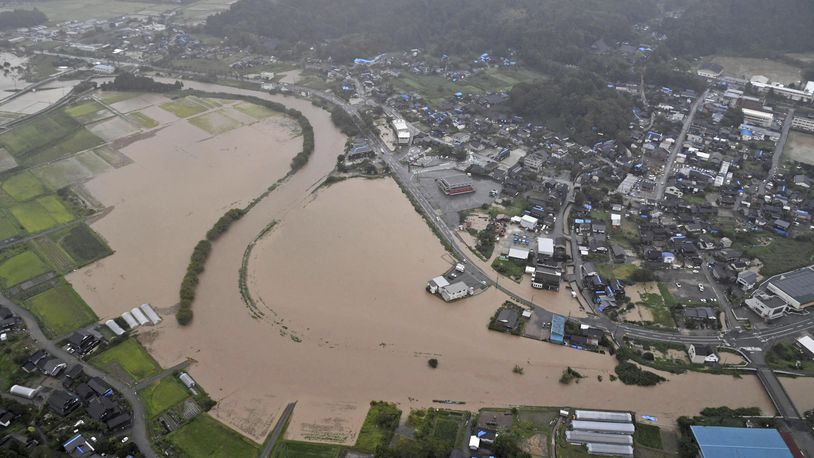 This aerial photo shows the flooded area after heavy rain in Wajima, Ishikawa prefecture, Saturday, Sept. 21, 2024. (Kyodo News via AP)