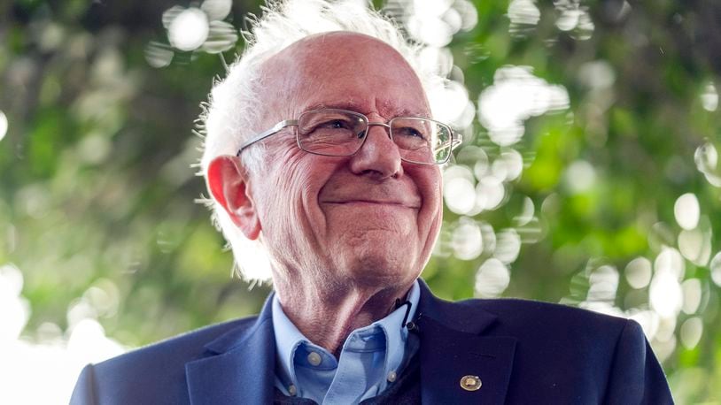 FILE - Sen. Bernie Sanders, I-Vt., smiles as he addresses Unite Here Local 11 workers holding a rally, April 5, 2024, in Los Angeles. (AP Photo/Damian Dovarganes, File)