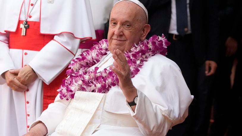 Pope Francis attends an interreligious meeting with young people at the Catholic Junior College in Singapore, Friday, Sept. 13, 2024. Pope Francis is wrapping up his visit to Singapore by praising its tradition of interfaith harmony. (AP Photo/Gregorio Borgia)