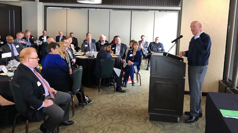 Ex-Microsoft CEO Steve Ballmer talks to dozens of Dayton and statewide leaders about collaborating on cradle-to-career education efforts. JEREMY P. KELLEY / STAFF