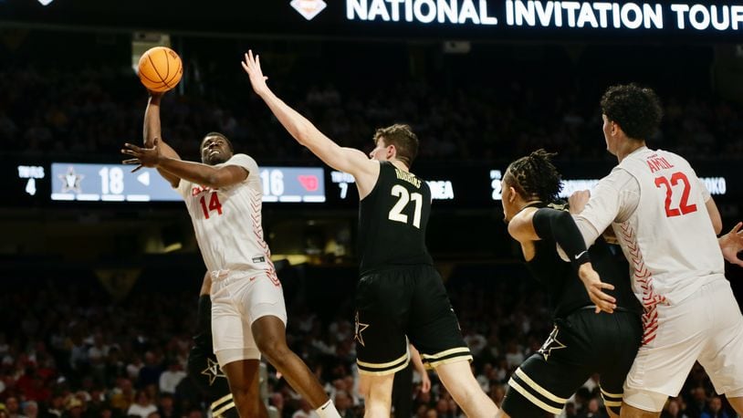 Dayton's Moulaye Sissoko scores against Vanderbilt in the second round of the NIT on Sunday, March 20, 2022, at Memorial Gymnasium in Nashville, Tenn. David Jablonski/Staff