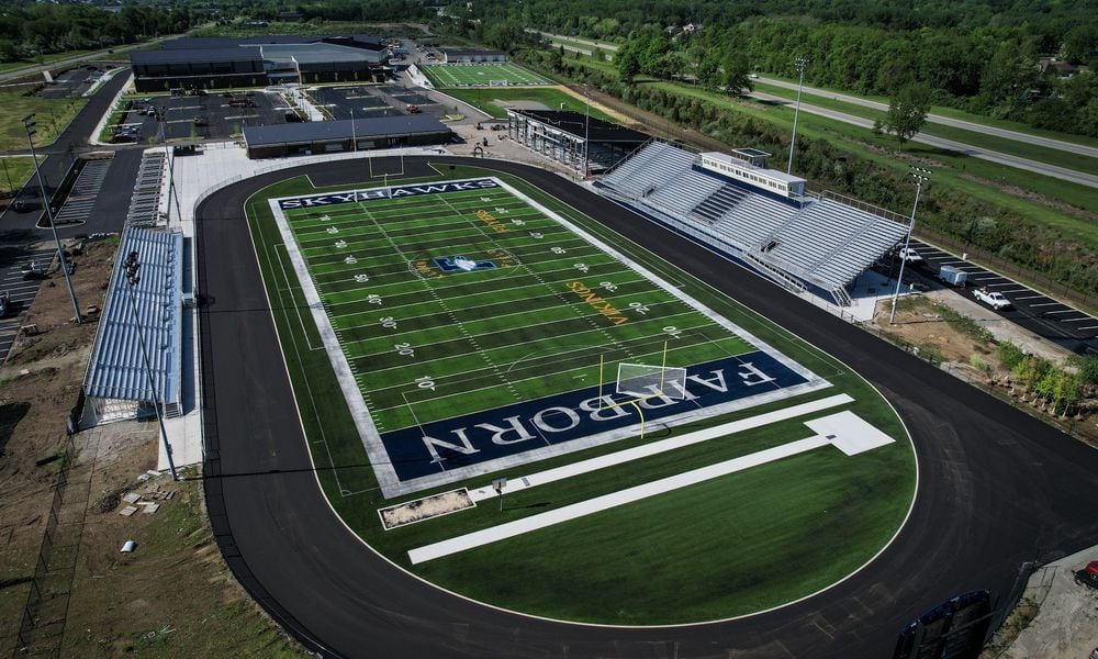 Fairborn students involved in band and sports will be using new facilities this coming school year. The new $95 million, 214,000 square foot Fairborn High School on Commerce Center Boulevard near Interstate 675 will have a 1,000-seat performing arts center, an arena that seats 2,100 and an auxiliary gym, district officials said. JIM NOELKER/STAFF