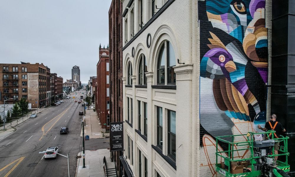 Netherlands artist I AM EELCO paints a wildlife scene on the Avant Garde Building on East Third Street Friday morning August 2, 2024. I AM EELCO is one of four national and regional artists painting murals on buildings around Dayton as part of the WHOA Mural Project. The project coincides with the Downtown Dayton Partnership's Art in the City festival. JIM NOELKER/STAFF