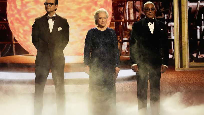 Antony Starr, from left, Kathy Bates, and Giancarlo Esposito present the award for outstanding supporting actress in a limited or anthology series or movie during the 76th Primetime Emmy Awards on Sunday, Sept. 15, 2024, at the Peacock Theater in Los Angeles. (AP Photo/Chris Pizzello)