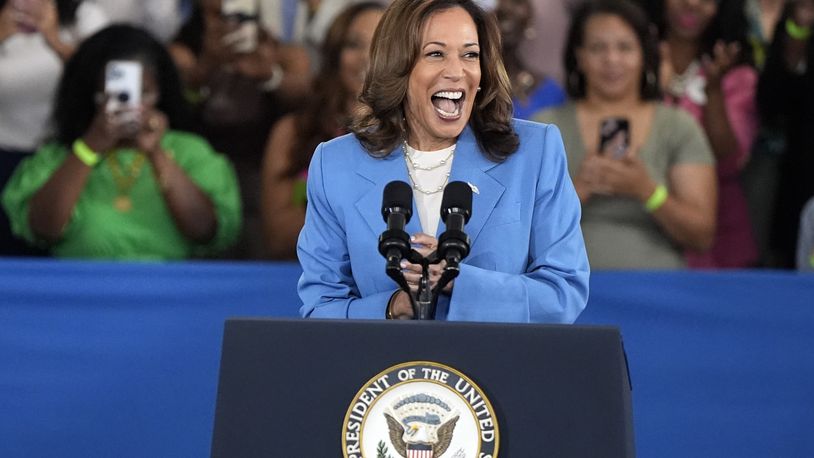 Vice President Kamala Harris speaks at a campaign event at Hendrick Center for Automotive Excellence on the Scott Northern Wake Campus of Wake Tech Community College in Raleigh, N.C., Friday, Aug. 16, 2024. (AP Photo/Mike Stewart)