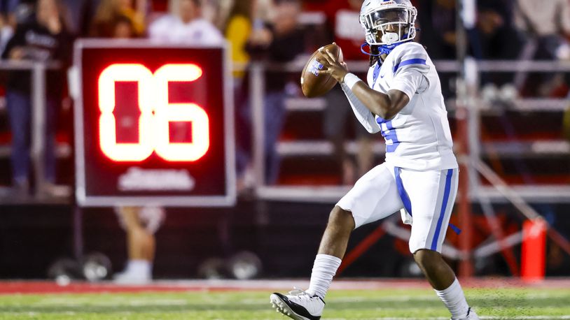 Hamilton quarterback Antonio Mathis looks to pass during their football game against Fairfield Friday, Oct. 4, 2024 at Fairfield Alumni Stadium. Hamilton won 43-21. NICK GRAHAM/STAFF