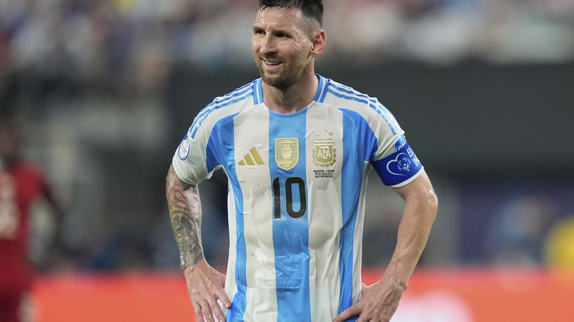 FILE - Argentina's Lionel Messi during a Copa America semifinal soccer match against Canada in East Rutherford, N.J., July 9, 2024. (AP Photo/Julia Nikhinson, File)