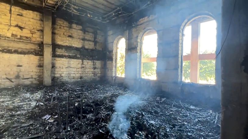 In this photo taken from video released by The Telegram Channel of the head of Dagestan Republic of Russia on Monday, June 24, 2024, an internal view of the damaged the Kele-Numaz synagogue in Derbent is seen after a counter-terrorist operation in republic of Dagestan, Russia. Multiple police officers and several civilians, including an Orthodox priest, were killed by armed militants in Russia's southern republic of Dagestan on Sunday, its governor Sergei Melikov said in a video statement early Monday. (The Telegram Channel of the head of Dagestan Republic of Russia via AP)