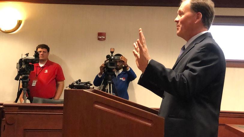 Former Butler County Auditor Roger Reynolds addresses Visiting Judge Daniel Hogan at his sentencing hearing Friday, March 31, 2023. LAUREN PACK/STAFF