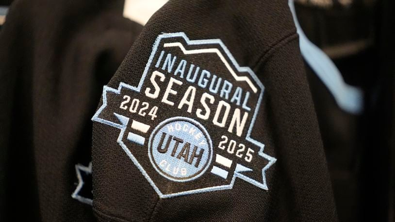 Utah Hockey Club jersey is shown during a tour of the new temporary practice facility locker room at the Olympic Oval Tuesday, Sept. 17, 2024, in Kearns, Utah. (AP Photo/Rick Bowmer)