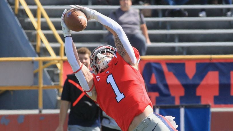 Dayton's Brandon Easterling intercepts a pass against Presbyterian on Saturday, Sept. 25, 2021, at Welcome Stadium. The play was called because of defensive holding. David Jablonski/Staff