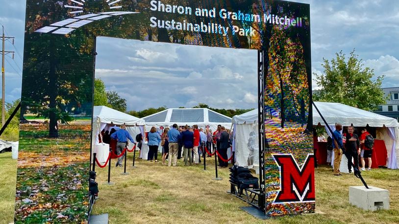 Miami University officials unveiled this week the school’s latest step toward switching its main campus to more sustainable energy with an announcement of a $5 million combined solar energy field and park.
Thanks to the two Miami graduate donors - Sharon and Graham Mitchell – and their $5 million gift toward the project, the school’s Western Campus will sport its first mixed use solar energy park by summer 2025. (Photo by Michael D. Clark/Journal-News)