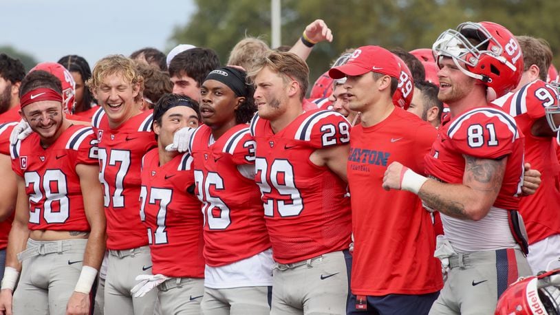 Dayton sings after a victory against Central State in the fourth quarter on Sept. 9, 2023, at Welcome Stadium. David Jablonski/Staff