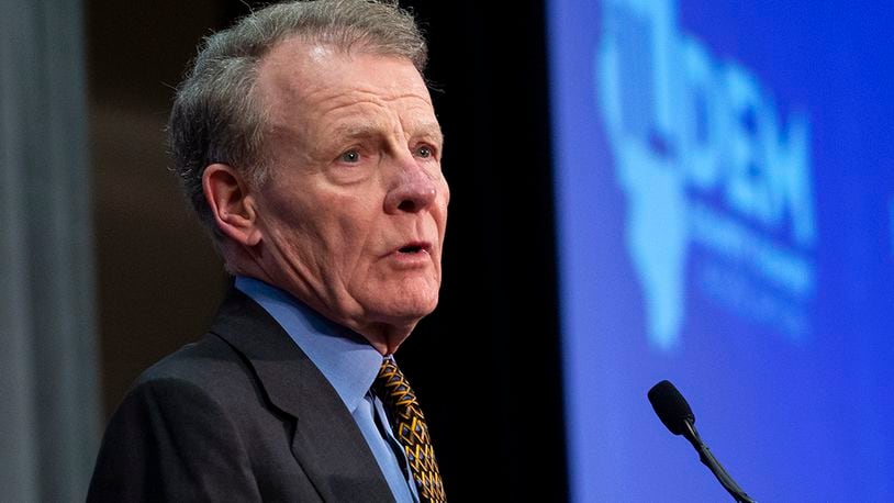 FILE - Then- Illinois House Speaker Michael Madigan, D-Chicago, addresses the Illinois Democratic County Chairs' Association brunch at the Crowne Plaza Thursday, Aug. 16, 2018, in Springfield, Ill., prior to Democrat Day at the Illinois State Fair. (Rich Saal/The State Journal-Register via AP, File)