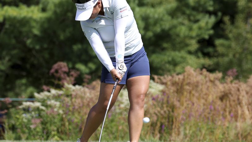 Megan Khang of the United States tees off on the 3rd during the first round of the FM championship LPGA golf tournament, Thursday, Aug. 29, 2024, at TPC Boston in Norton, Mass. (AP Photo/Mark Stockwell)