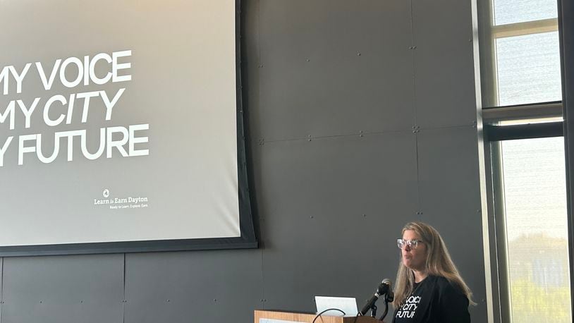 Stacy Schweikhart, CEO of Learn to Earn, speaks during the kickoff event for the Student Vision for Dayton project. Eileen McClory / staff