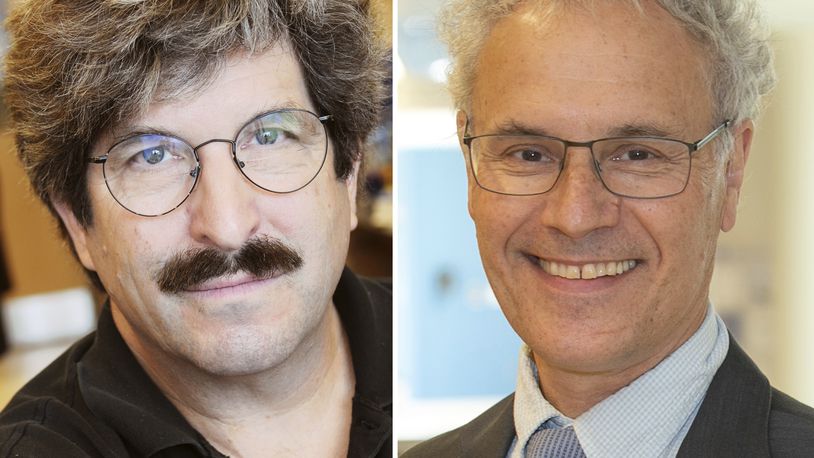 This combo of pictures released by Mass General and UMass show American molecular biologist Gary Ruvkun, left, and UMass Chair in Natural Sciences and professor of molecular medicine, Victor Ambros. (Joshua Touster and UMass via AP)