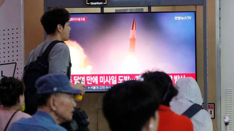 A TV screen shows a file image of North Korea's missile launch during a news program at Seoul Railway Station in Seoul, South Korea, Thursday, Sept. 12, 2024. (AP Photo/Ahn Young-joon)