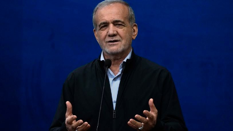 Iranian President Masoud Pezeshkian speaks during his press conference in Tehran, Iran, Monday, Sept. 16, 2024. (AP Photo/Vahid Salemi)