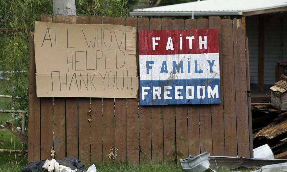 Sign along Woodhaven Ave. in Harrison Twp. after the Memorial Day tornadoes. FILE