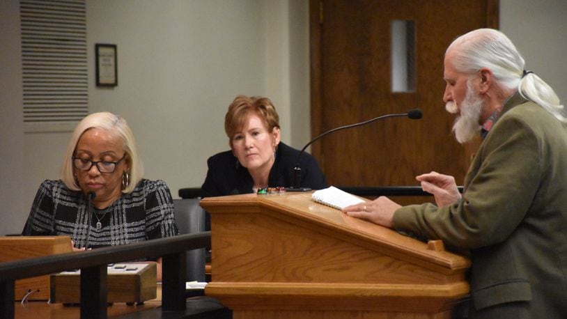 Dayton City Manager Shelley Dickstein listens to comments made by former Dayton Mayor Gary Leitzell at a city commission meeting on March 27, 2024. CORNELIUS FROLIK / STAFF
