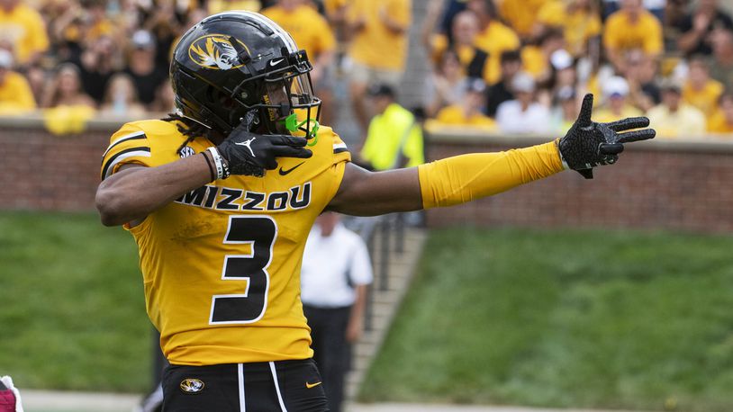 Missouri wide receiver Luther Burden III celebrates a first down during the second half of an NCAA college football game against Boston College, Saturday, Sept. 14, 2024, in Columbia, Mo. Missouri won 27-21.(AP Photo/L.G. Patterson)