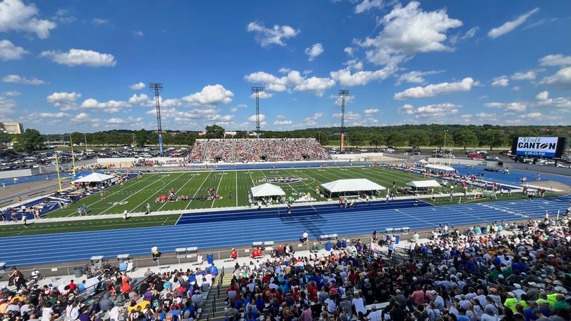 The scene at Welcome Stadium in Dayton during the OHSAA Division III state track and field championships on Thursday, May 30, 2024. David Jablonski/Staff