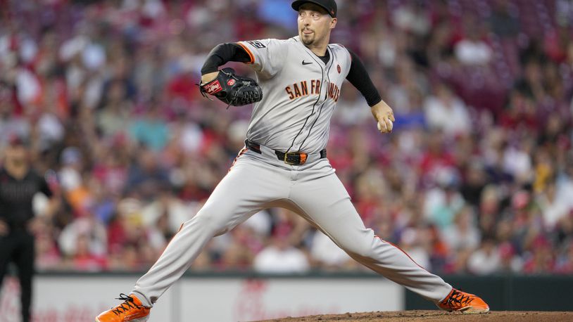 San Francisco Giants pitcher Blake Snell throws during the second inning of a baseball game against the Cincinnati Reds, Friday, Aug. 2, 2024, in Cincinnati. (AP Photo/Jeff Dean)