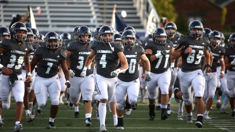 Fairmont takes the field before a game against Centerville on Friday, Sept. 13, 2024, at Roush Stadium. David Jablonski/Staff