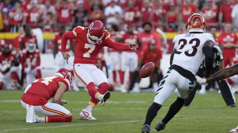 Kansas City Chiefs kicker Harrison Butker (7) kicks a 51-yard field goal during the second half of an NFL football game against the Cincinnati Bengals to give the Chiefs a 26-25 victory Sunday, Sept. 15, 2024, in Kansas City, Mo. (AP Photo/Charlie Riedel)