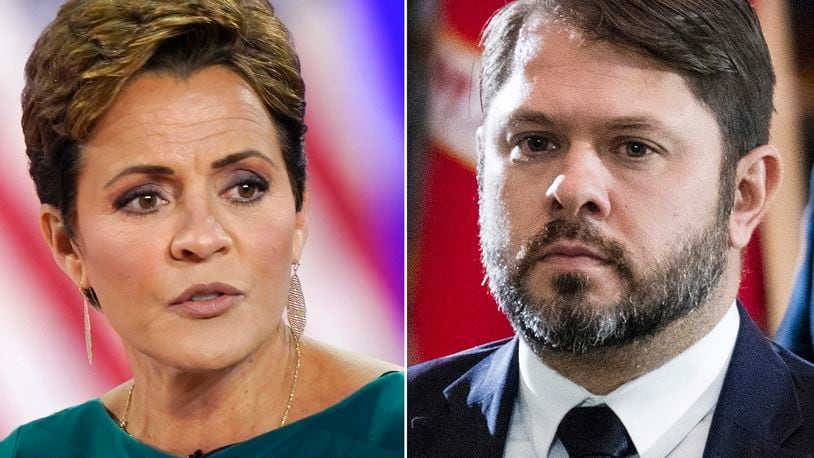 In this combination photo, Kari Lake speaks in Dallas, Aug. 5, 2022, left, and Rep. Ruben Gallego, D-Ariz., is seen in the Capitol, July 14, 2022, in Washington. (AP Photo, File)