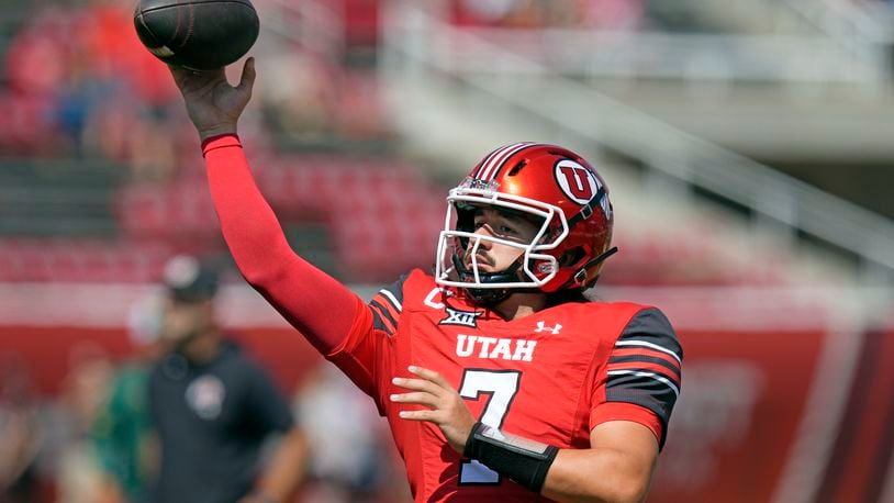 Utah quarterback Cameron Rising (7) warms up before an NCAA college football game against Baylor, Saturday, Sept. 7, 2024, in Salt Lake City. (AP Photo/Rick Bowmer)