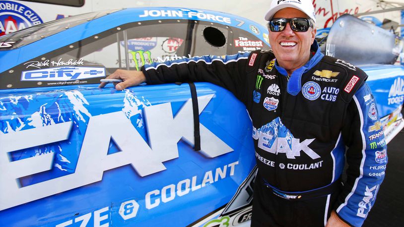 FILE - Funny Car driver John Force looks to get back on track for the last day of qualifying at the NHRA Kansas Nationals at Heartland Park, May 21, 2016, in Topeka Kansas. Force raced to his record 157th NHRA victory on Sunday, June 2, 2024, at age 75, beating teammate Austin Prock in the Funny Car final at the NHRA New England Nationals. (Chris Neal/The Topeka Capital-Journal via AP)