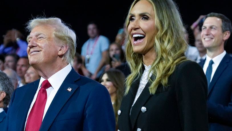 FILE - Republican presidential candidate former President Donald Trump and Republican National Committee co-chair Lara Trump attend the final day of the Republican National Convention at the Fiserv Forum, July 18, 2024, in Milwaukee. (AP Photo/Evan Vucci, File)