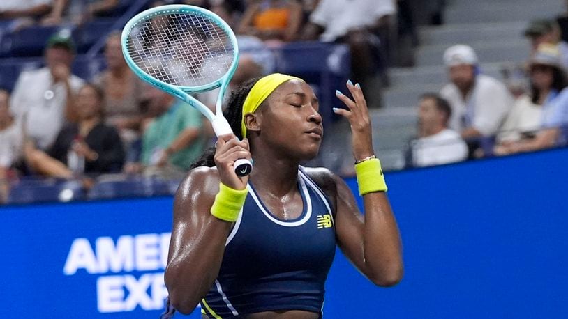 Coco Gauff, of the United States, reacts against Tatjana Maria, of Germany, during a second round match of the U.S. Open tennis championships, Wednesday, Aug. 28, 2024, in New York. (AP Photo/Frank Franklin II)