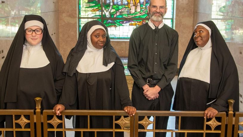 Left to right: Anna Rae Brown as Sister Mary Patrick, Amirah Musa as Deloris Van Cartier, Michael Karrick as Monsignor O'Hara, and Tia Seay as Mother Superior in INNOVATheatre's production of "Sister Act." Photo courtesy of Eccentric Exposure Photography