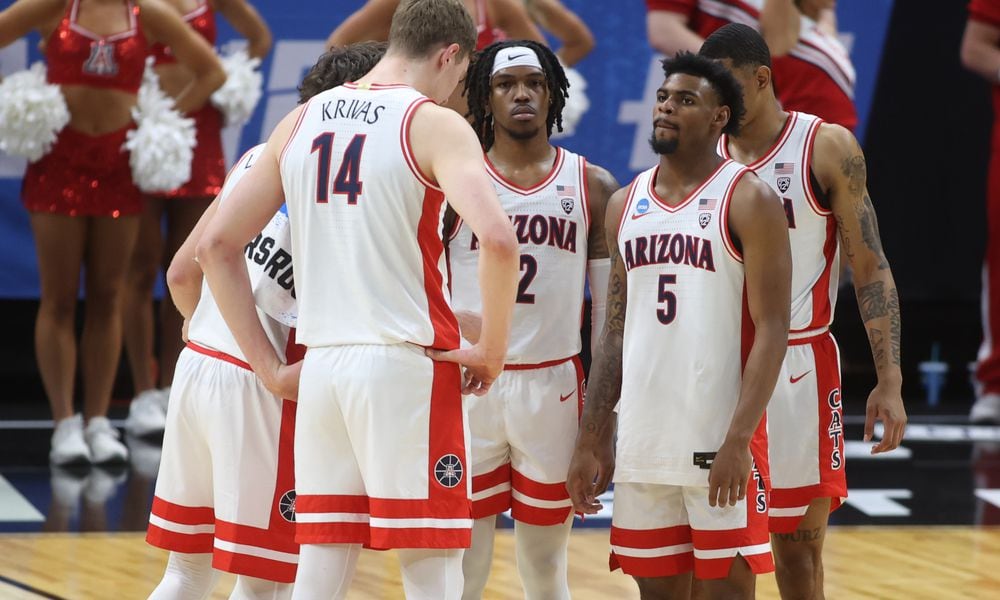 Arizona huddles during a game against Long Beach State in the first round of the NCAA tournament on Thursday, March 21, 2024, at the Delta Center in Salt Lake City, Utah. David Jablonski/Staff