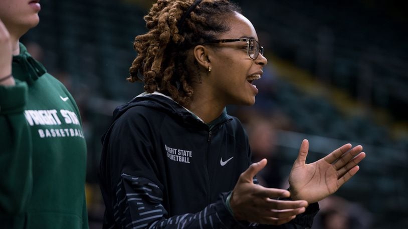 Makira "Bunny" Webster cheers on her teammates during Wednesday night's game vs. Robert Morris at the Nutter Center. Wright State Athletics photo