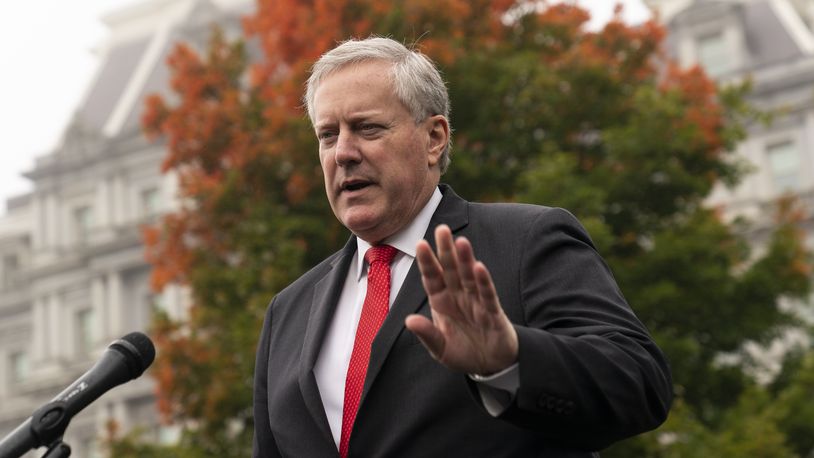 FILE - Then-White House chief of staff Mark Meadows speaks with reporters at the White House,, Oct. 21, 2020, in Washington. (AP Photo/Alex Brandon, File)