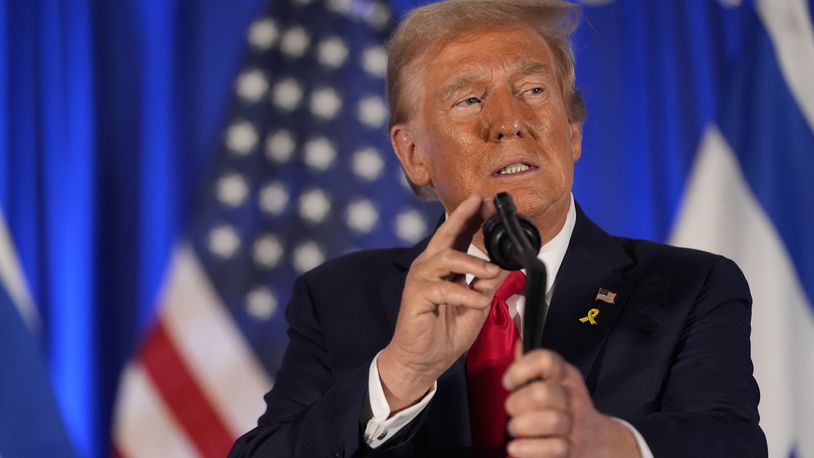 Republican presidential nominee former President Donald Trump speaks at an event marking one year since the Oct. 7 Hamas attack on Israel, Monday, Oct. 7, 2024, in Miami. (AP Photo/Alex Brandon)