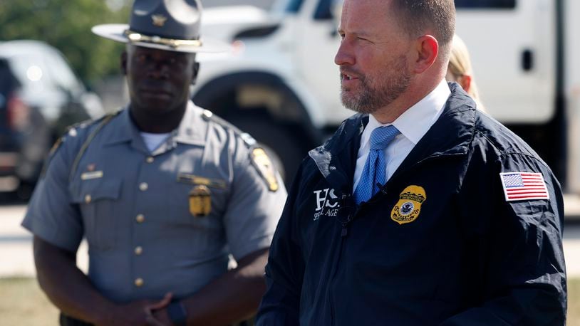 Jared Murphey, acting special agent in charge for Homeland Security Ohio and Michigan, held a press conference on Friday, July 26, 2024 about raid at Fuyao Glass America. MARSHALL GORBY\STAFF