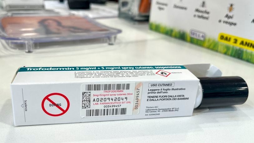 A pack of Trofodermin, a medical product meant for treating cuts and scrapes, which contains the anabolic steroid Clostebol, a substance listed in the World Anti-Doping Association's banned substances, is seen on the counter of a pharmacy in Rome, Wednesday, Sept. 4, 2024. (AP Photo/Andrew Dampf)