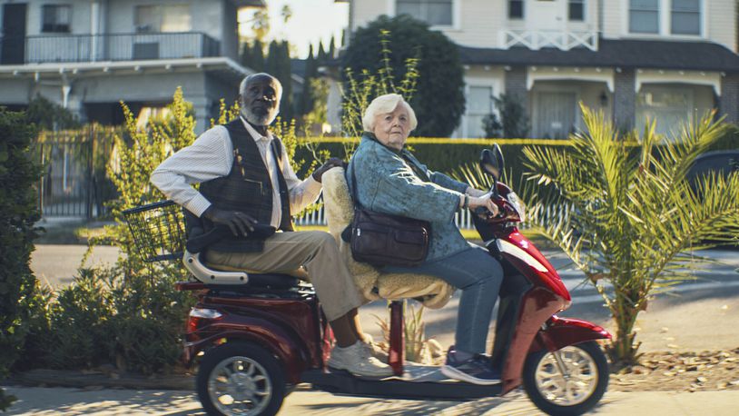 This image released by Magnolia Pictures shows Richard Roundtree, left, and June Squibb in a scene from the film "Thelma." (Magnolia Pictures via AP)