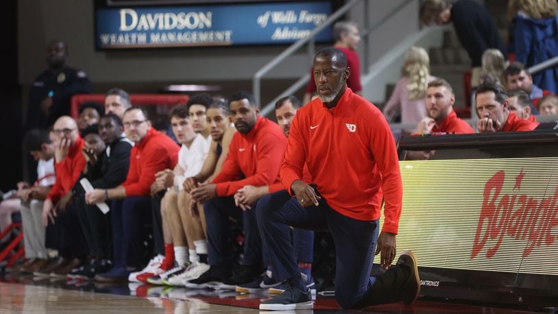 Dayton's Anthony Grant coaches during a game against Davidson on Saturday, Dec. 31, 2022, at Belk Arena in Davidson, N.C. David Jablonski/Staff