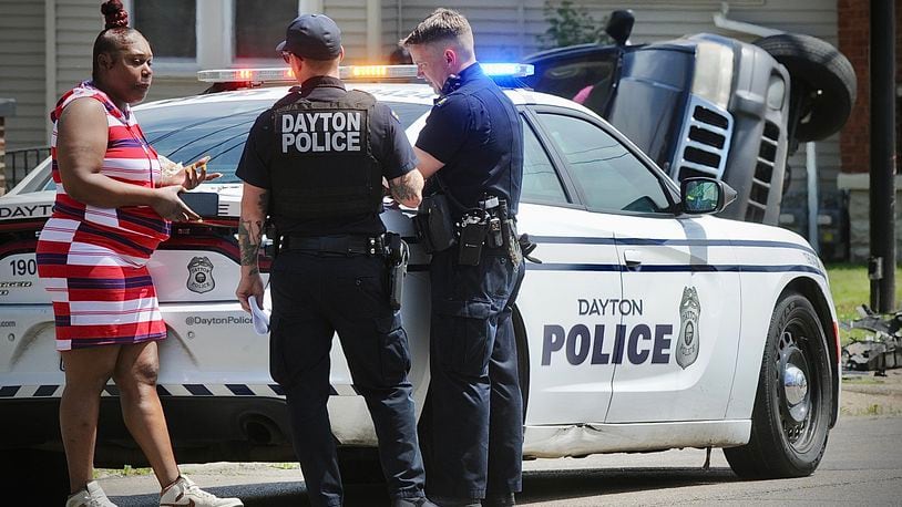 A Dayton police cruiser was involved in a crash Thursday, May 23, 2024, at West Third Street and North Decker Avenue. MARSHALL GORBY/STAFF