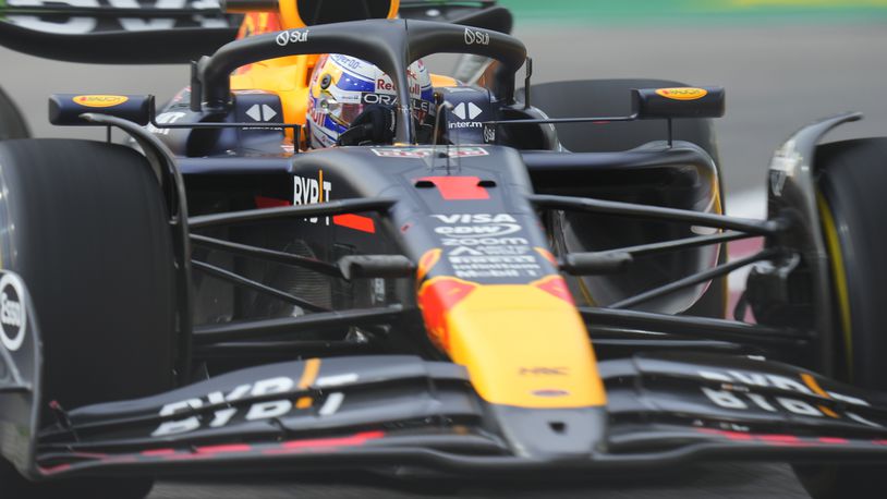 Red Bull driver Max Verstappen of the Netherlands during the first practice session of the Singapore Formula One Grand Prix at the Marina Bay Street Circuit, in Singapore, Friday, Sept. 20, 2024. (AP Photo/Vincent Thian)