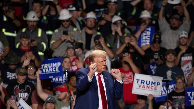 Republican presidential nominee former President Donald Trump dances after finishing his remarks at a campaign rally at Ed Fry Arena in Indiana, Pa., Monday, Sept. 23, 2024. (AP Photo/Rebecca Droke)