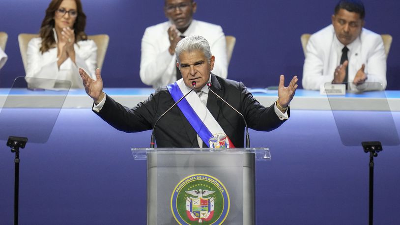 New Panamanian President Jose Raul Mulino gives a speech at his swearing-in ceremony at the Atlapa Convention Centre in Panama City, Monday, July 1, 2024. (AP Photo/Matias Delacroix)